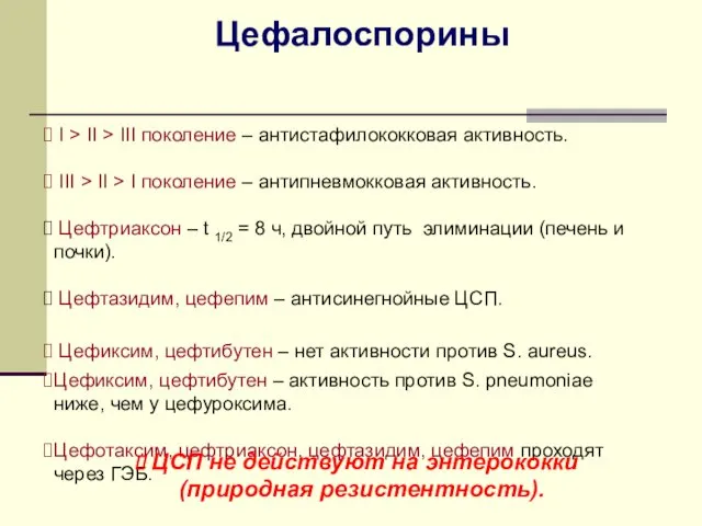 Цефалоспорины I > II > III поколение – антистафилококковая активность. III