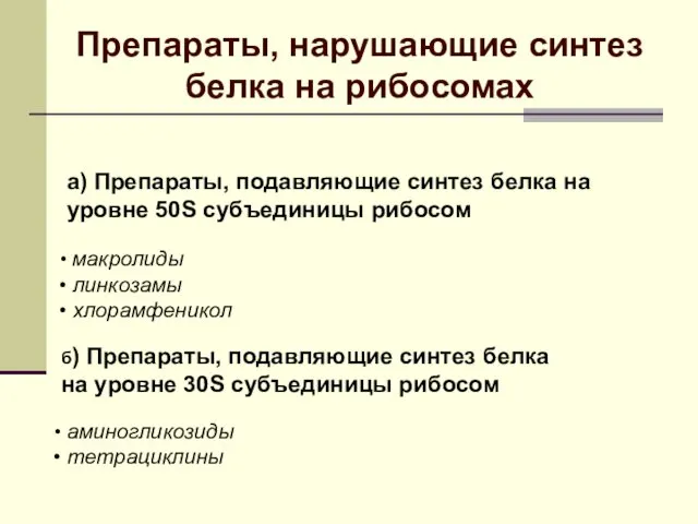 Препараты, нарушающие синтез белка на рибосомах а) Препараты, подавляющие синтез белка