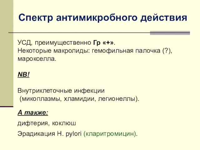 Спектр антимикробного действия УСД, преимущественно Гр «+». Некоторые макролиды: гемофильная палочка