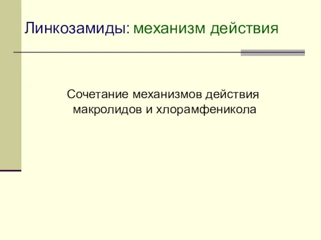 Линкозамиды: механизм действия Сочетание механизмов действия макролидов и хлорамфеникола