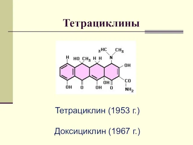 Тетрациклины Тетрациклин (1953 г.) Доксициклин (1967 г.)