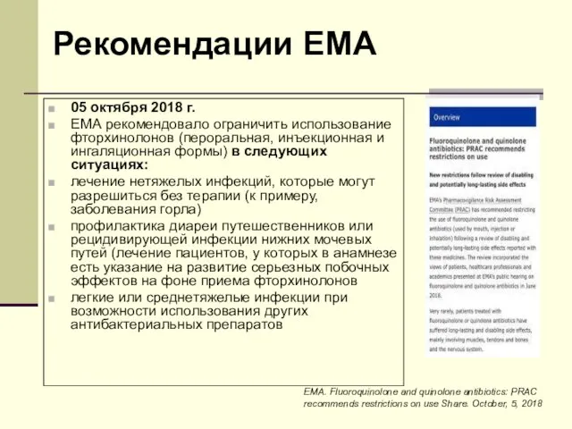 Рекомендации ЕМА 05 октября 2018 г. ЕМА рекомендовало ограничить использование фторхинолонов