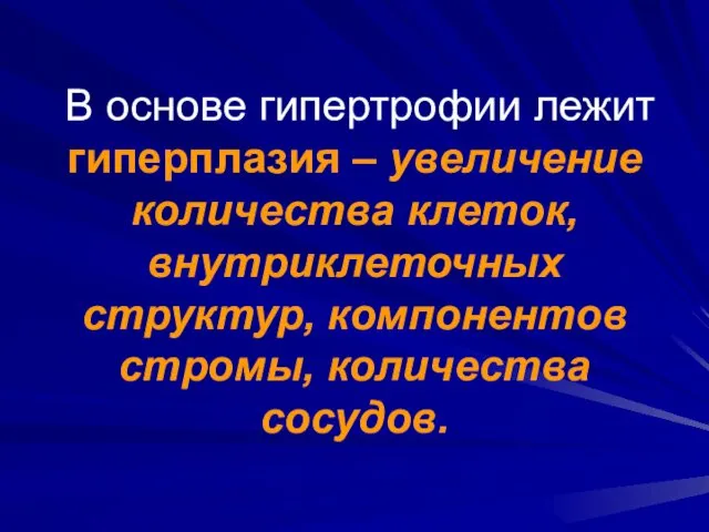 В основе гипертрофии лежит гиперплазия – увеличение количества клеток, внутриклеточных структур, компонентов стромы, количества сосудов.