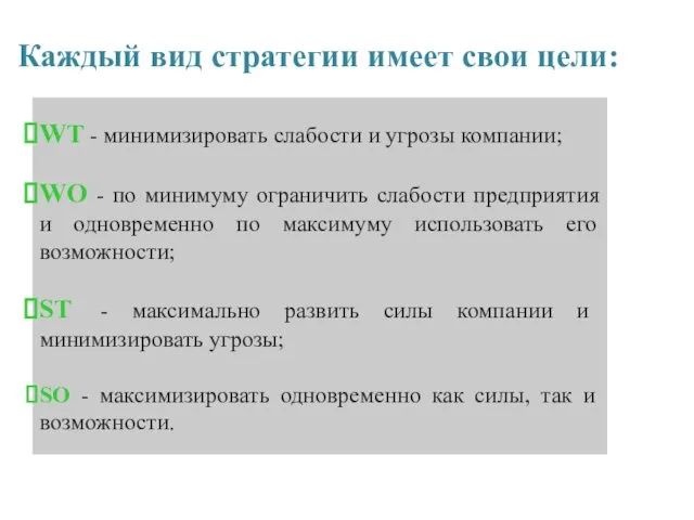 WT - минимизировать слабости и угрозы компании; WO - по минимуму