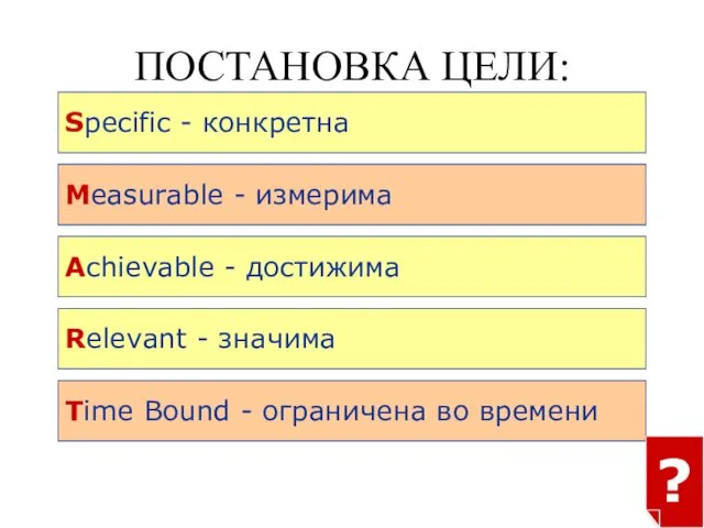 ПОСТАНОВКА ЦЕЛИ: SMART Measurable - измерима Achievable - достижима Relevant -