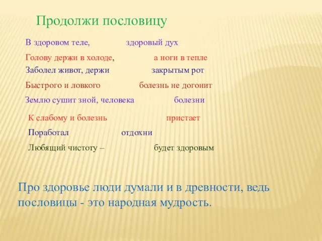 Продолжи пословицу В здоровом теле, здоровый дух Голову держи в холоде,