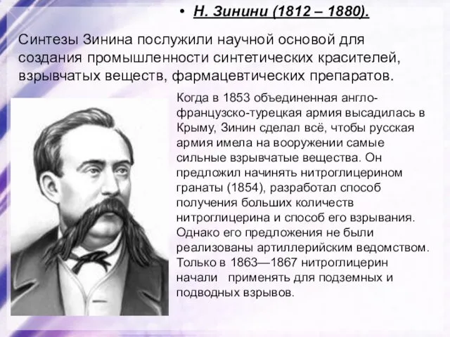 Н. Зинини (1812 – 1880). Синтезы Зинина послужили научной основой для