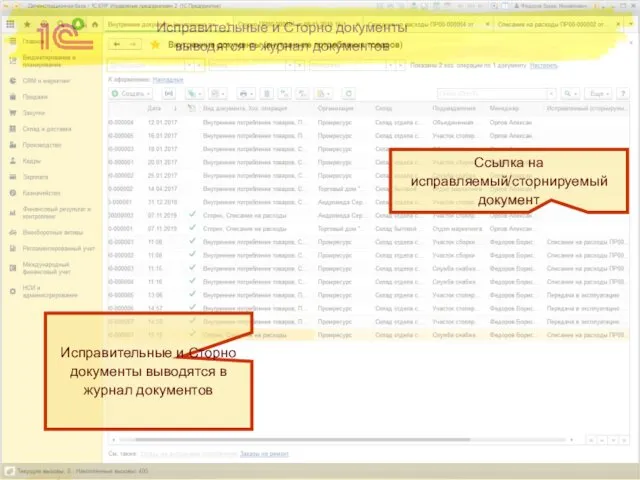 Исправительные и Сторно документы выводятся в журнал документов Исправительные и Сторно