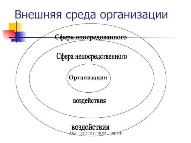 АВК СПбГПУ ФЭМ ВШУФ Внешняя среда организации Организация Сфера опосредованного воздействия Сфера непосредственного воздействия