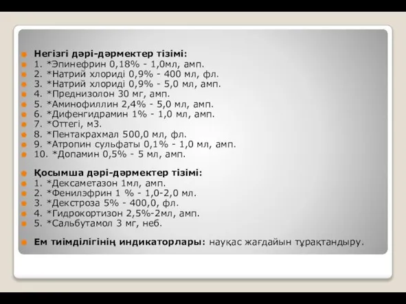 Негізгі дəрі-дəрмектер тізімі: 1. *Эпинефрин 0,18% - 1,0мл, амп. 2. *Натрий