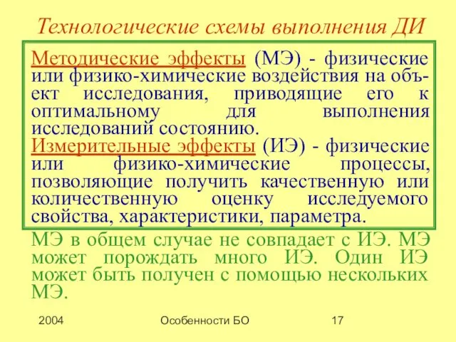 2004 Особенности БО Технологические схемы выполнения ДИ Методические эффекты (МЭ) -