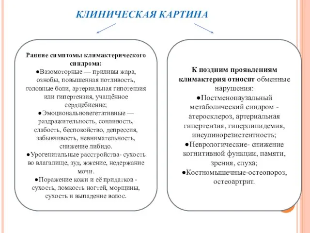 КЛИНИЧЕСКАЯ КАРТИНА Ранние симптомы климактерического синдрома: ●Вазомоторные — приливы жара, ознобы,