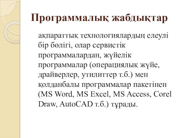 Программалық жабдықтар ақпараттық технологиялардың елеулі бір бөлігі, олар сервистік программалардан, жүйелік