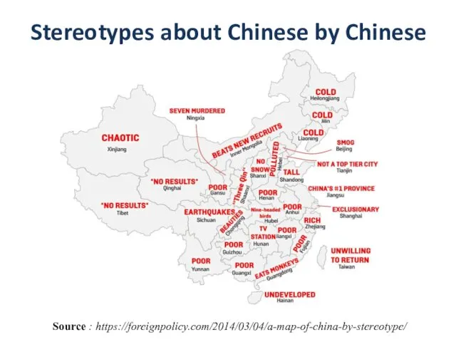 Stereotypes about Chinese by Chinese Source : https://foreignpolicy.com/2014/03/04/a-map-of-china-by-stereotype/