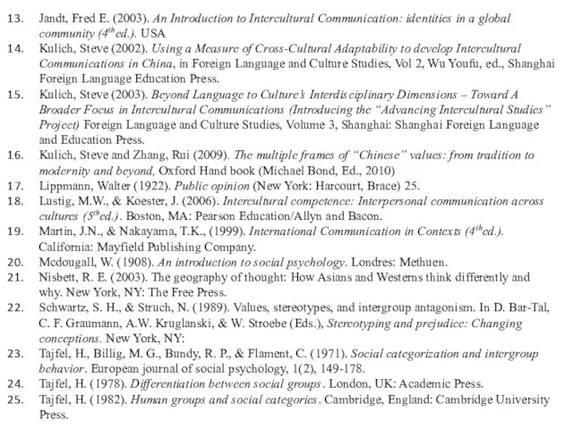 Jandt, Fred E. (2003). An Introduction to Intercultural Communication: identities in