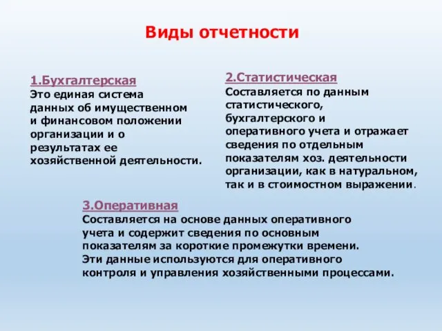 Виды отчетности 1.Бухгалтерская Это единая система данных об имущественном и финансовом