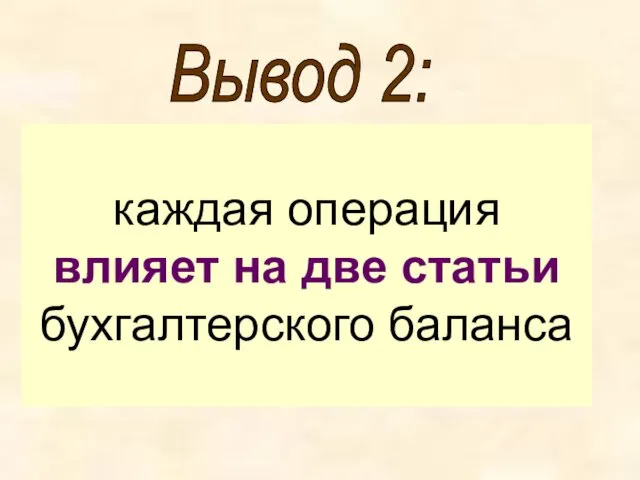 каждая операция влияет на две статьи бухгалтерского баланса Вывод 2: