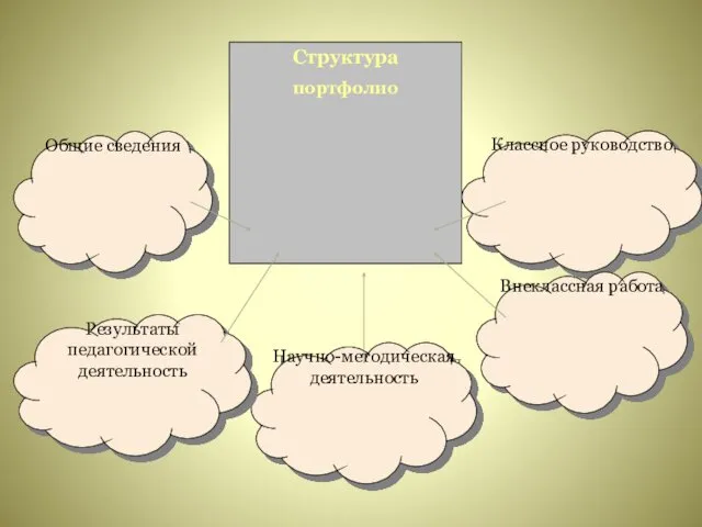 Структура портфолио Классное руководство Внеклассная работа Научно-методическая деятельность Результаты педагогической деятельность Общие сведения