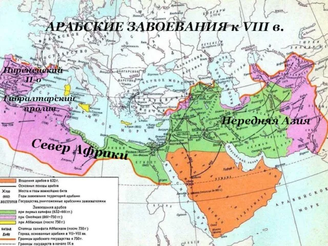 АРАБСКИЕ ЗАВОЕВАНИЯ к VIII в. Передняя Азия Север Африки Пиренейский П-о Гибралтарский пролив