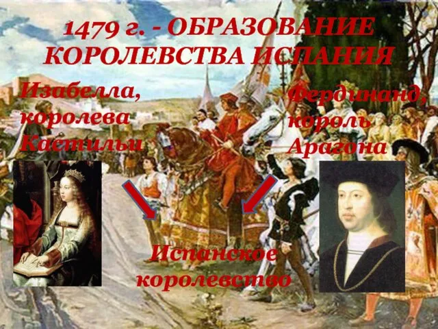 1479 г. - ОБРАЗОВАНИЕ КОРОЛЕВСТВА ИСПАНИЯ Изабелла, королева Кастильи Фердинанд, король Арагона Испанское королевство