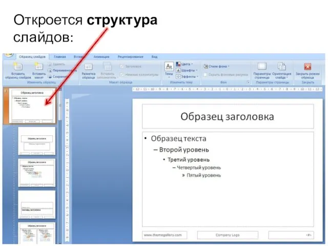 Откроется структура слайдов: