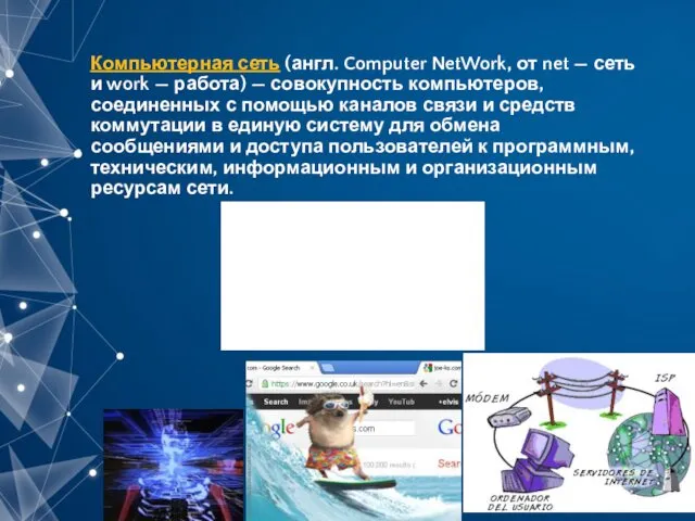 Компьютерная сеть (англ. Computer NetWork, от net — сеть и work