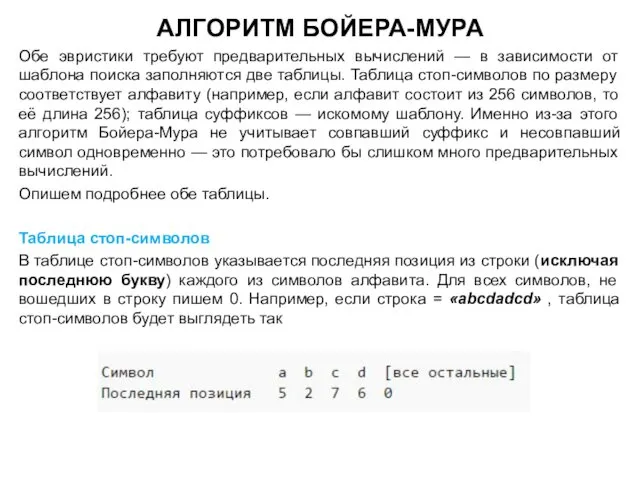 АЛГОРИТМ БОЙЕРА-МУРА Обе эвристики требуют предварительных вычислений — в зависимости от