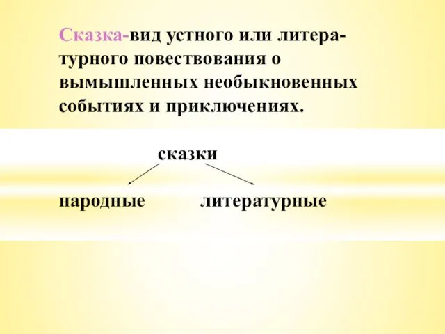 Сказка-вид устного или литера- турного повествования о вымышленных необыкновенных событиях и приключениях. сказки народные литературные