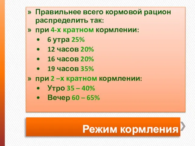 Режим кормления Правильнее всего кормовой рацион распределить так: при 4-х кратном