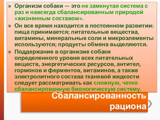 Сбалансированность рациона Организм собаки — это не замкнутая система с раз