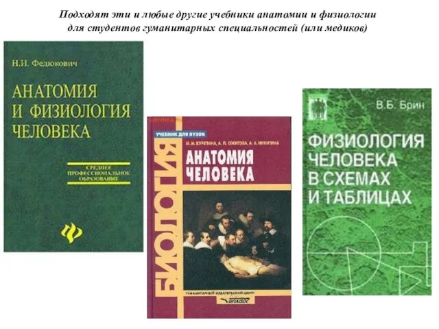 Подходят эти и любые другие учебники анатомии и физиологии для студентов гуманитарных специальностей (или медиков)
