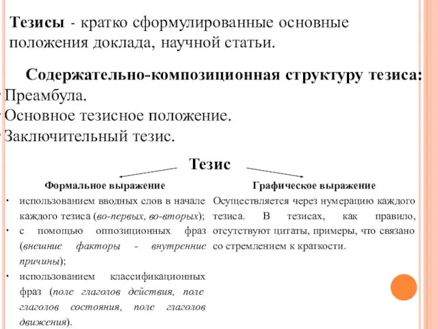 Тезисы - кратко сформулированные основные положения доклада, научной статьи. Содержательно-композиционная структуру