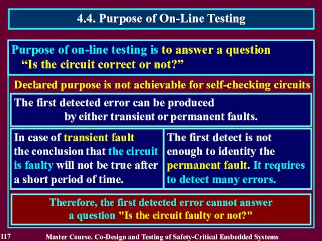 Purpose of on-line testing is to answer a question “Is the