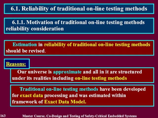 6.1. Reliability of traditional on-line testing methods Estimation in reliability of