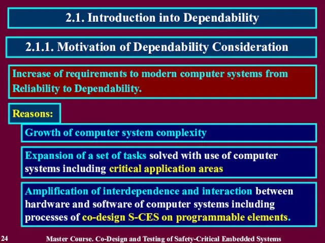 2.1. Introduction into Dependability 24 Increase of requirements to modern computer