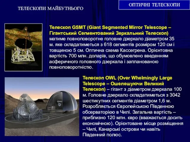 ТЕЛЕСКОПИ МАЙБУТНЬОГО ОПТИЧНІ ТЕЛЕСКОПИ Телескоп OWL (Over Whelmingly Large Telescope –