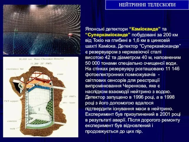 НЕЙТРИННІ ТЕЛЕСКОПИ Японські детектори “Каміоканде” та “Суперкаміоканде” побудовані за 200 км