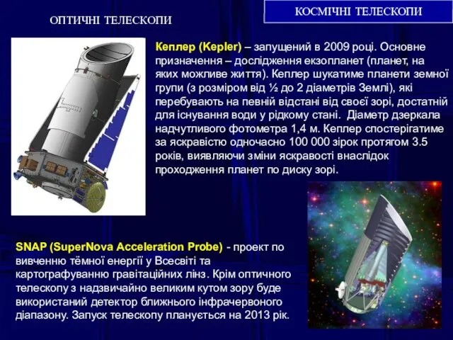 КОСМІЧНІ ТЕЛЕСКОПИ ОПТИЧНІ ТЕЛЕСКОПИ Кеплер (Kepler) – запущений в 2009 році.