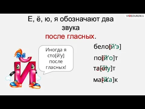 Е, ё, ю, я обозначают два звука после гласных. белое поёт