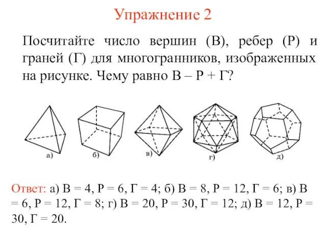 Упражнение 2 Посчитайте число вершин (В), ребер (Р) и граней (Г)