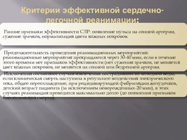 Критерии эффективной сердечно-легочной реанимации: Ранние признаки эффективности СЛР: появление пульса на