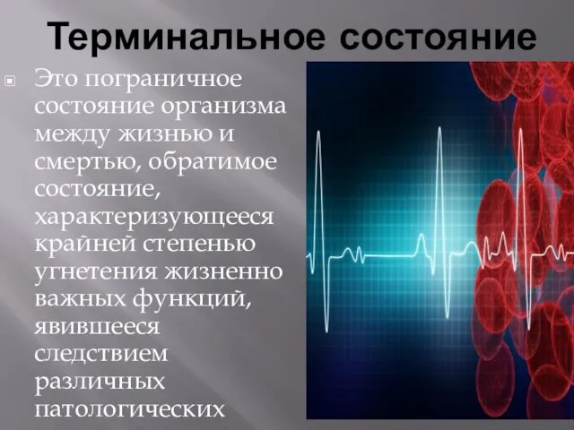 Терминальное состояние Это пограничное состояние организма между жизнью и смертью, обратимое