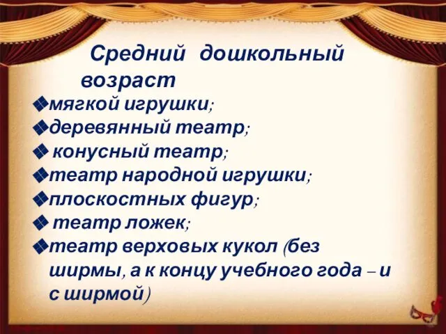 мягкой игрушки; деревянный театр; конусный театр; театр народной игрушки; плоскостных фигур;