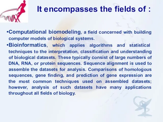 It encompasses the fields of : Computational biomodeling, a field concerned