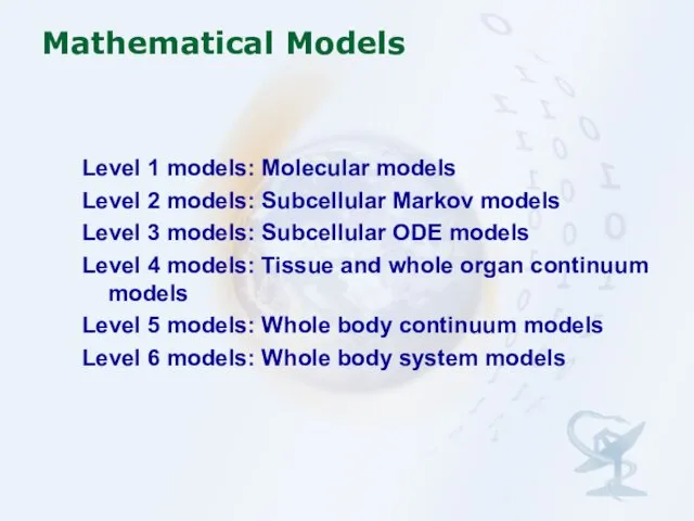 Mathematical Models Level 1 models: Molecular models Level 2 models: Subcellular