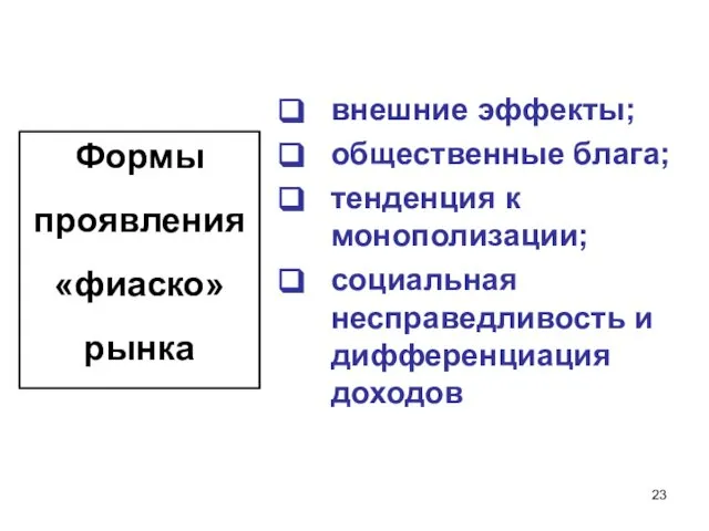 внешние эффекты; общественные блага; тенденция к монополизации; социальная несправедливость и дифференциация доходов Формы проявления «фиаско» рынка