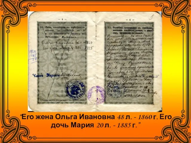 “Его жена Ольга Ивановна 48 л. - 1860 г. Его дочь