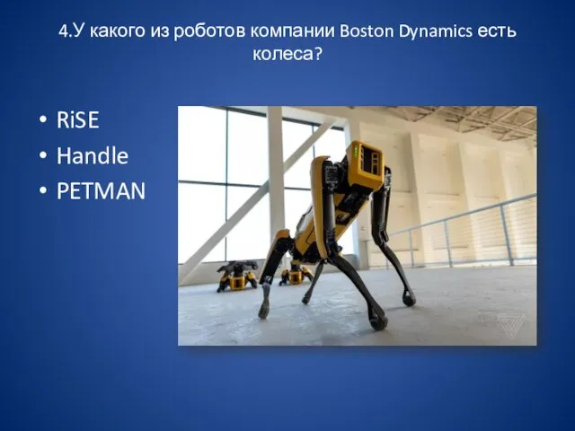 4.У какого из роботов компании Boston Dynamics есть колеса? RiSE Handle PETMAN