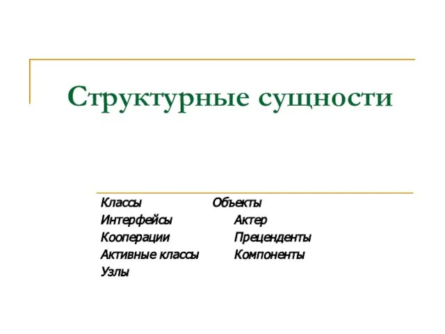 Структурные сущности Классы Объекты Интерфейсы Актер Кооперации Преценденты Активные классы Компоненты Узлы