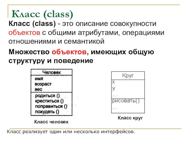 Класс (class) Класс (class) - это описание совокупности объектов с общими